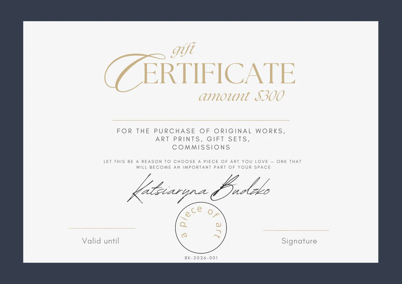 Gift certificate by Katsiaryna Budzko — for the purchase of original works, art prints, gift sets and commissions