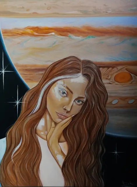Woman with long wavy hair resting her chin on her hand, banded Jupiter behind her