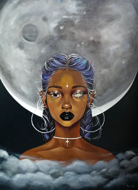 Portrait of a young woman with lilac braids against a full moon, clouds at her shoulders