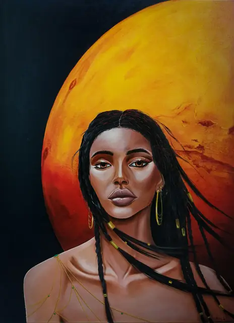 Woman with long braids and golden jewellery against a burning red planet