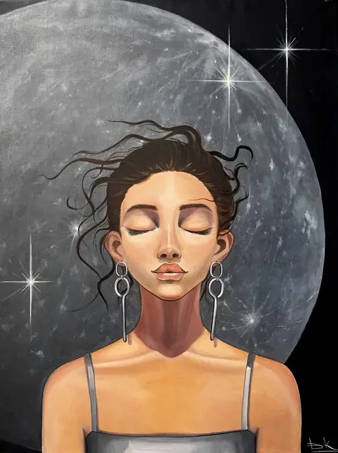 Woman with closed eyes and windswept dark hair against a grey cratered planet