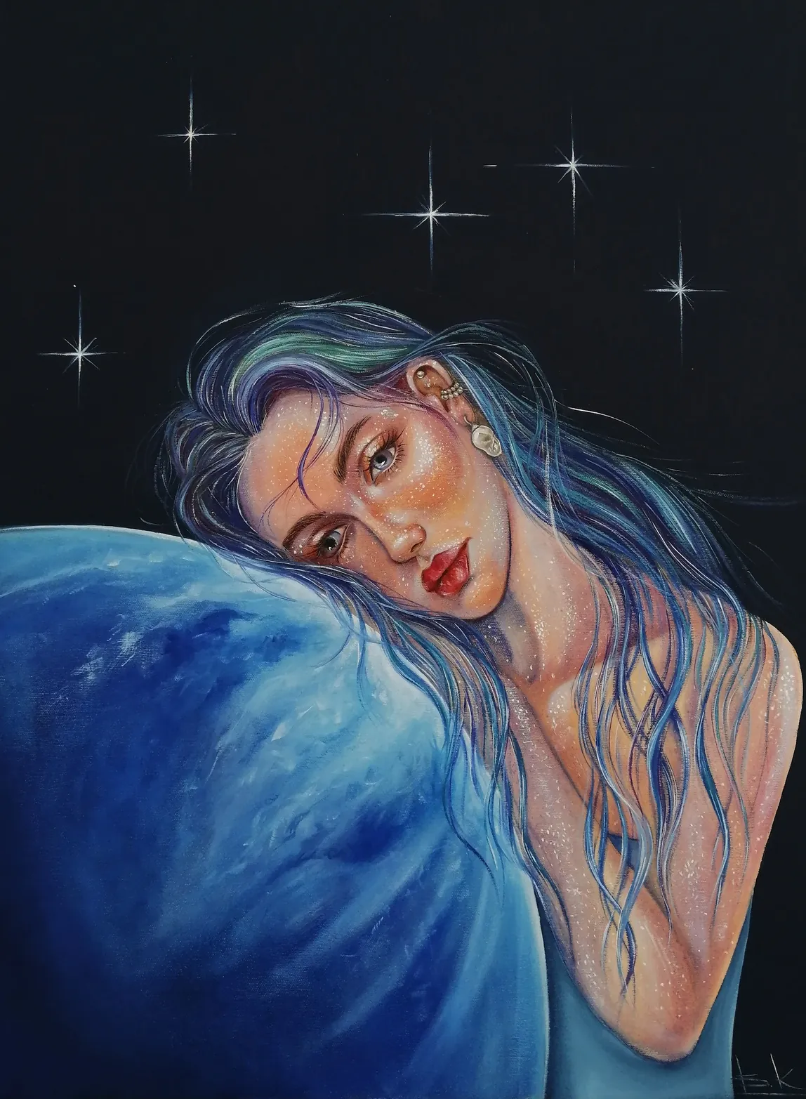 Woman with wet blue-green hair leaning on a deep blue planet under stars