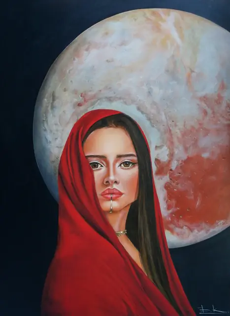 Woman in a red headscarf with a direct gaze before the pale disc of Pluto