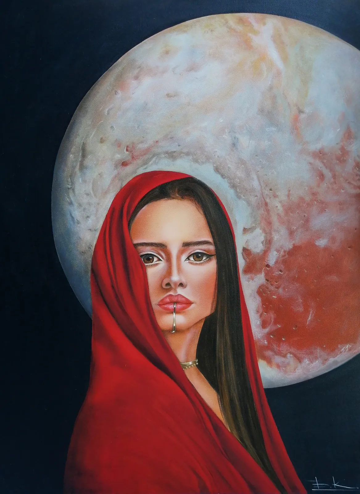Woman in a red headscarf with a direct gaze before the pale disc of Pluto