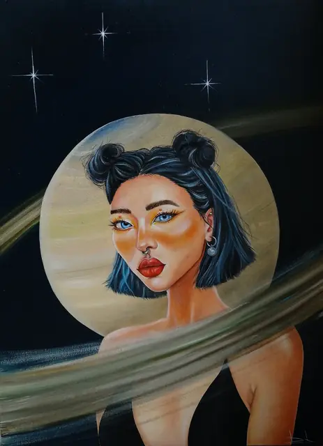 Woman with blue hair in buns inside the rings of Saturn