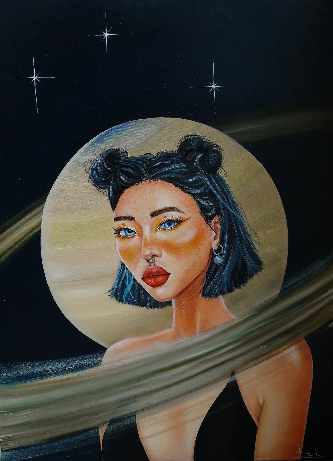 Woman with blue hair in buns inside the rings of Saturn