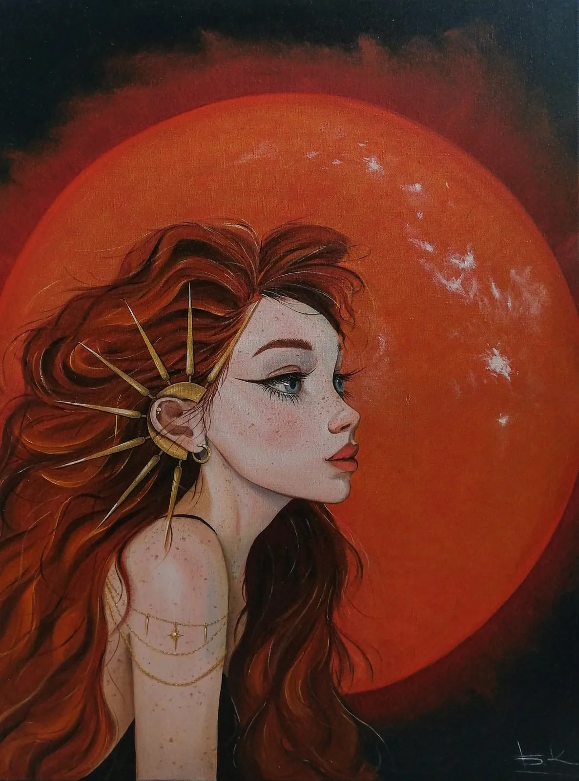 Profile of a red-haired woman with a golden rayed crown against a burning red sun