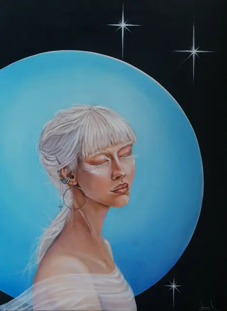 White-haired woman with closed eyes in front of a pale blue planet