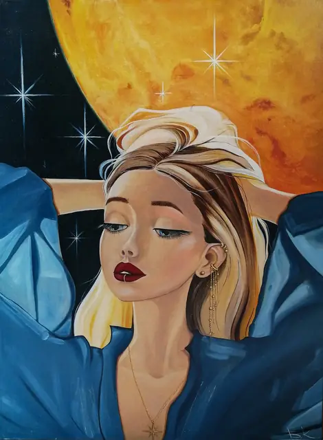 Blonde woman in a blue robe with a white headwrap beneath a golden planet