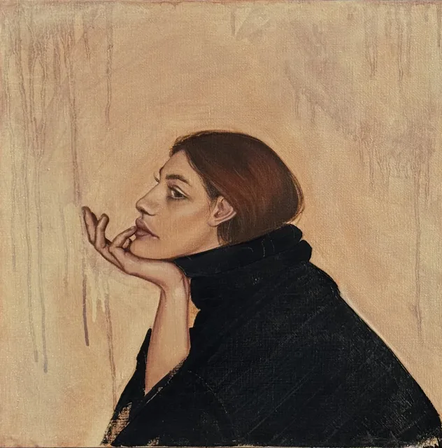 Profile of a woman in a black turtleneck resting her chin on her hand, ochre ground