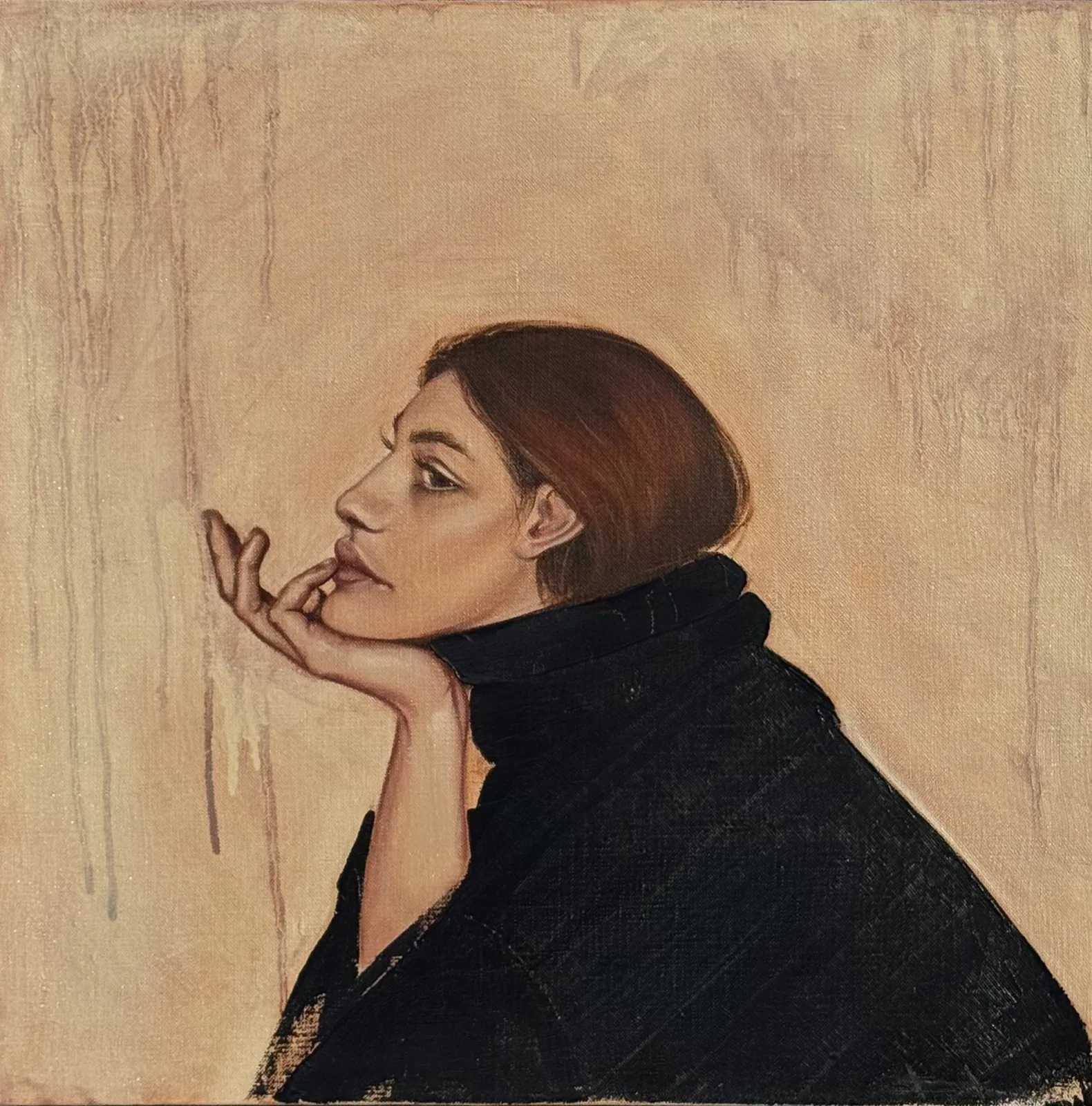 Profile of a woman in a black turtleneck resting her chin on her hand, ochre ground