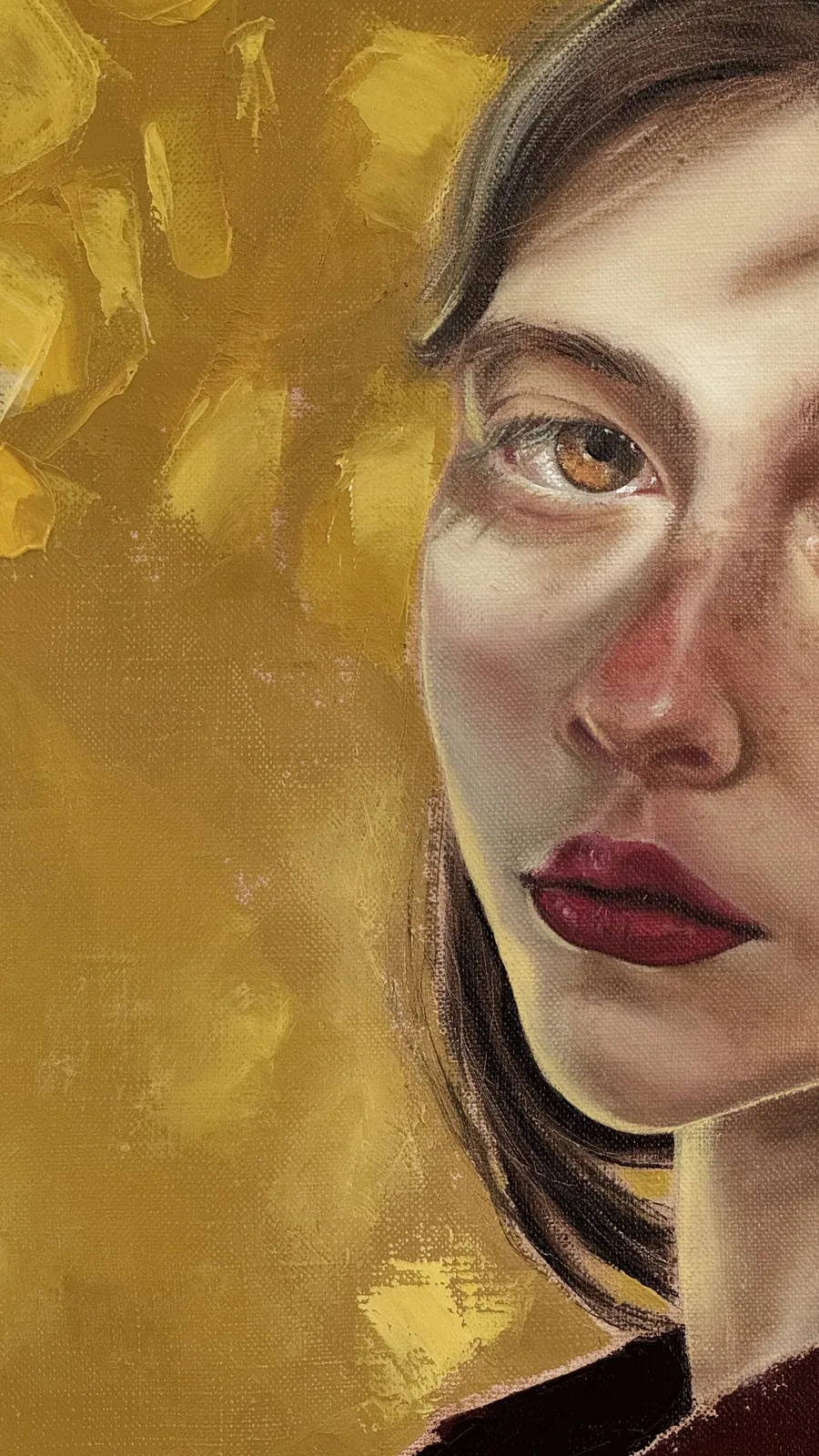 Detail: dark red lips against the ochre ground