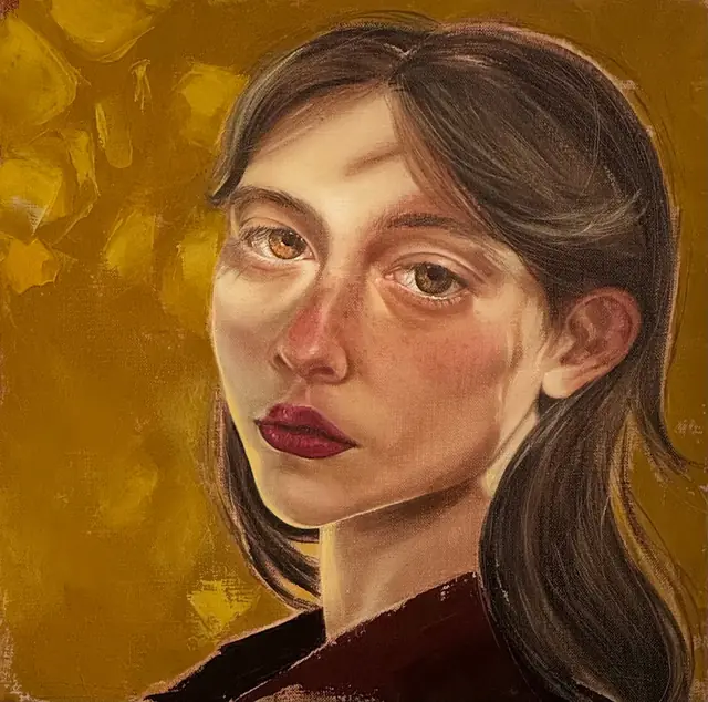 Portrait of a woman with dark red lips against a thickly painted ochre background
