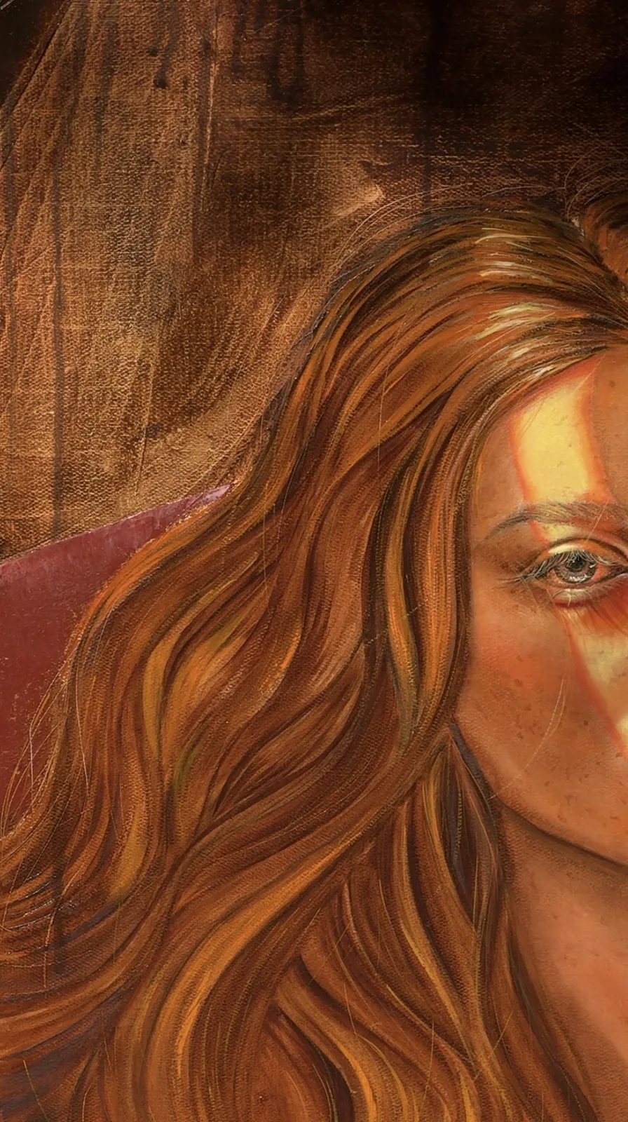 Close-up fragment: hair and the band of light, the weave of the linen canvas visible