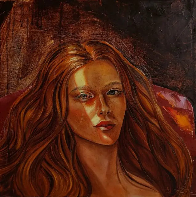 Red-haired woman lit by a warm band of light against a dark brown ground