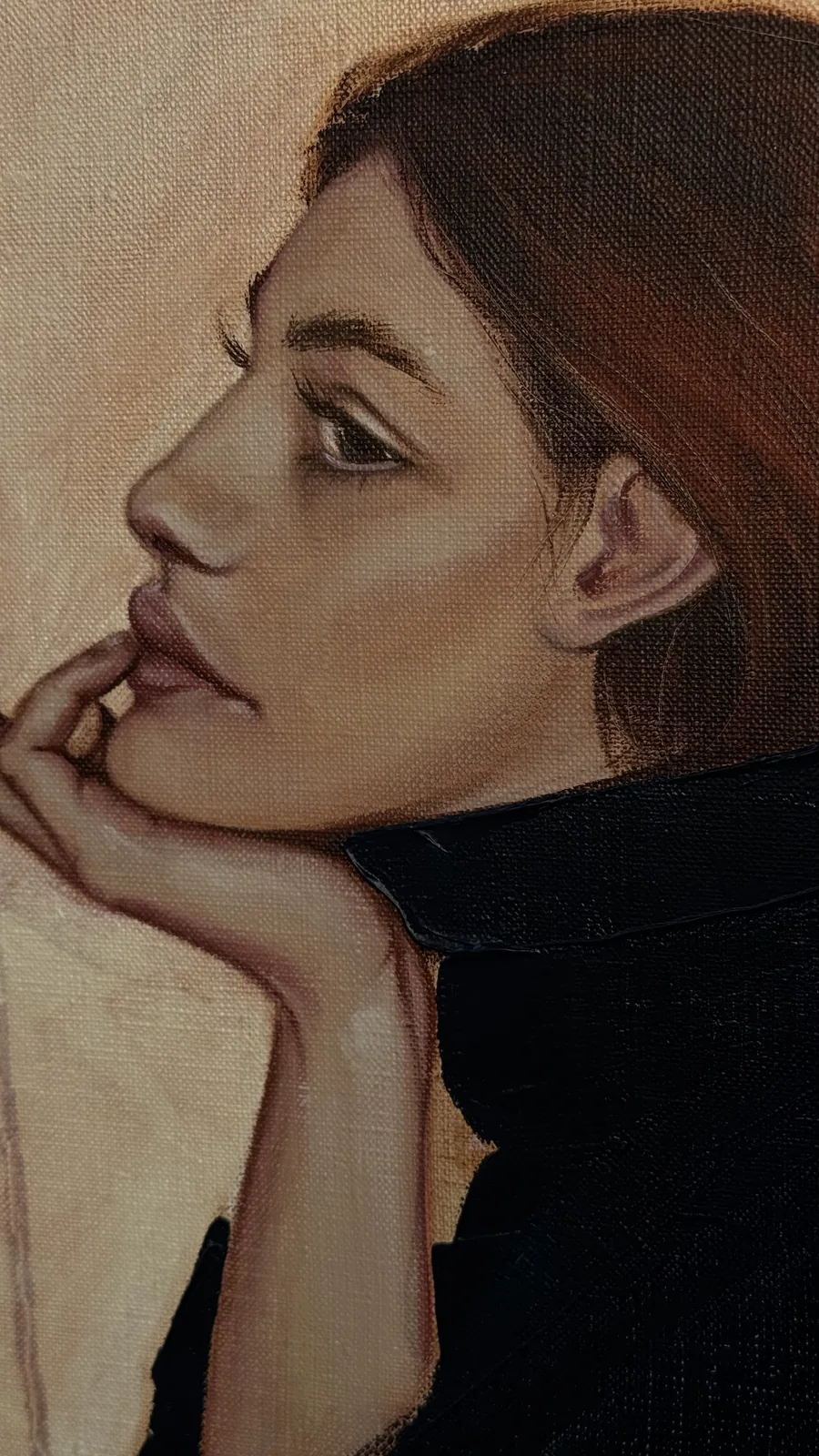 Detail: her profile and the hand at her lips, linen weave showing through