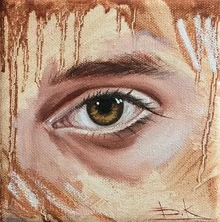 Miniature study of a single amber eye, ochre paint running down the canvas