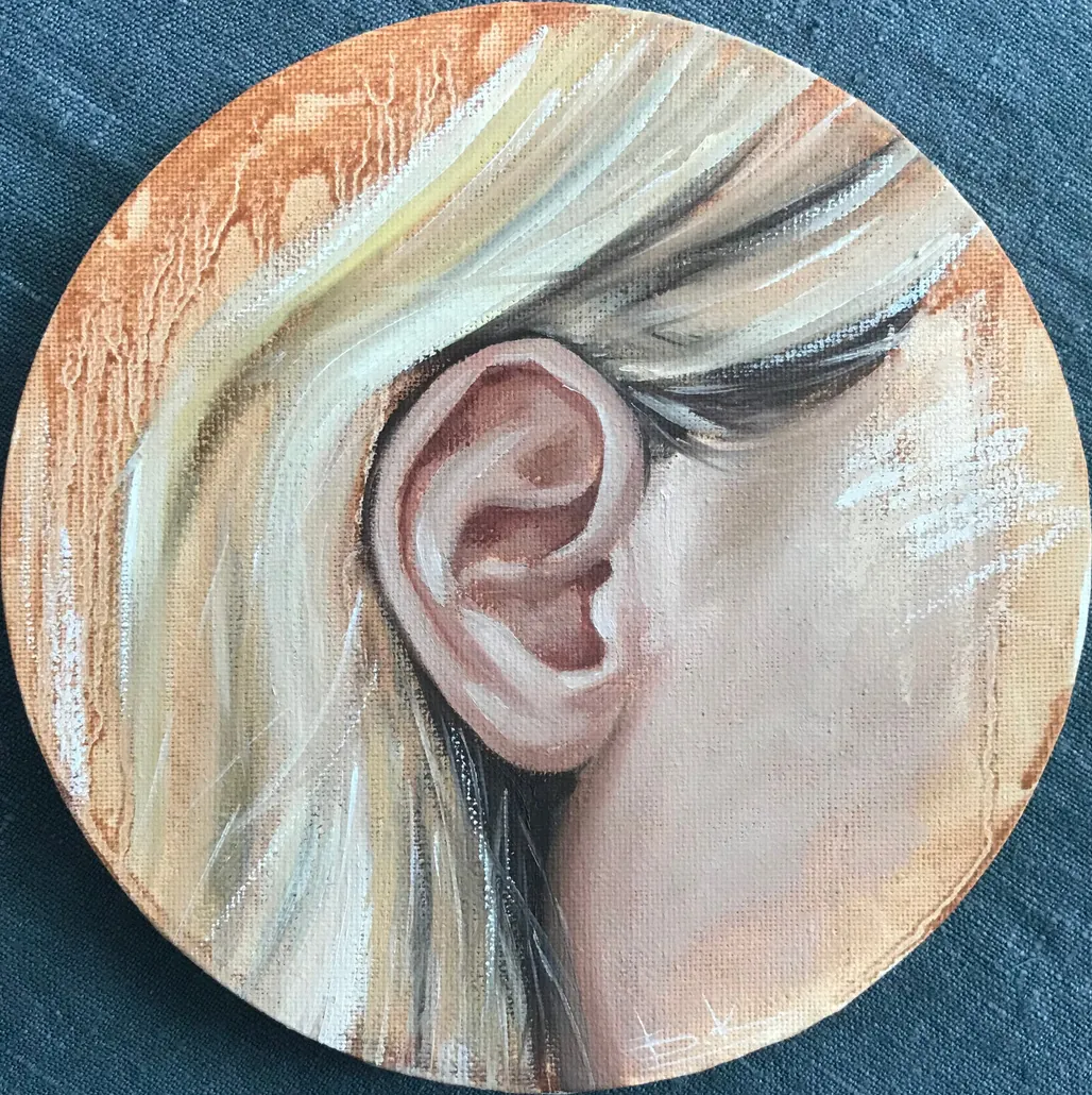 Small round canvas: a close study of an ear beneath pale hair