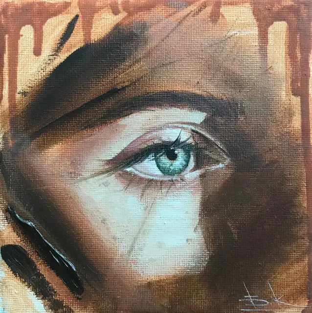 Miniature study of a single eye under a dark brow, ochre paint running down the canvas