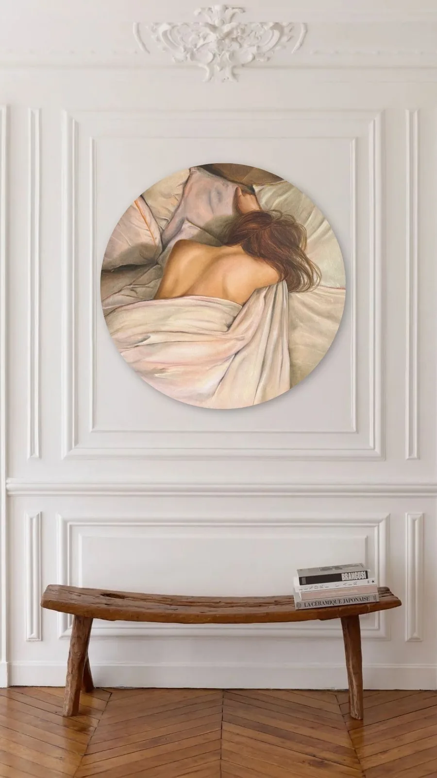 Visualisation on a panelled wall above a wooden bench