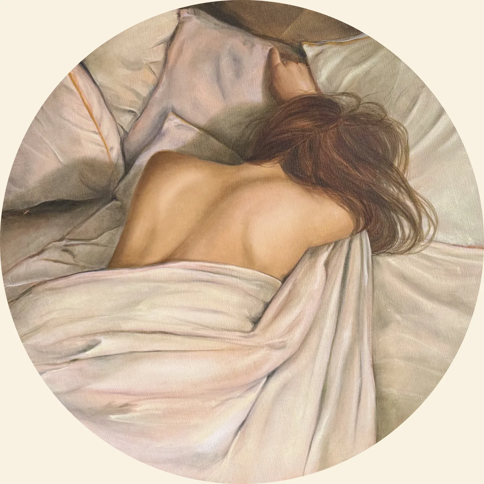 Round canvas: a bare back under a pale sheet, light sliding across the folds