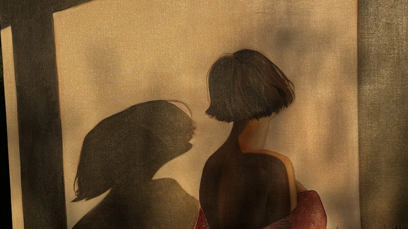 The canvas photographed in late sunlight, dappled shadows across its surface