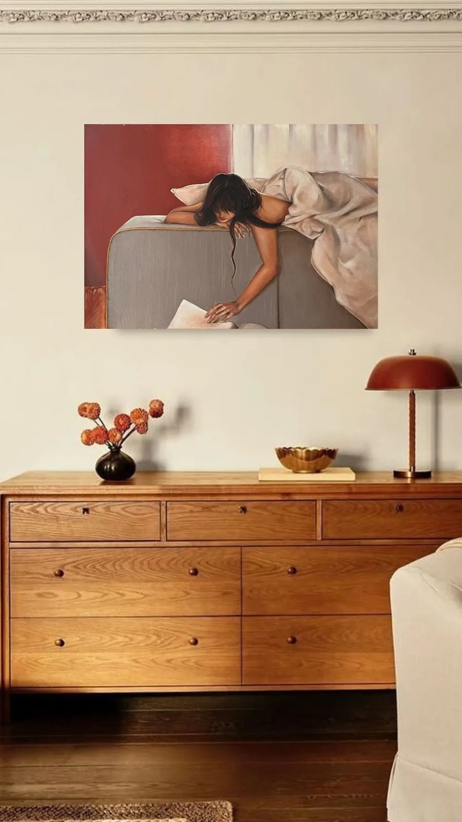 Visualisation above a wooden chest of drawers