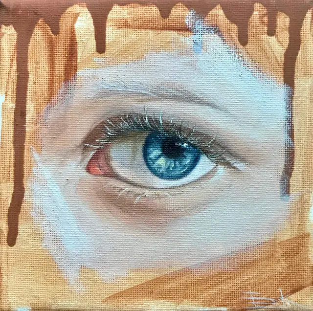 Miniature study of a bright blue eye, ochre paint running down the canvas