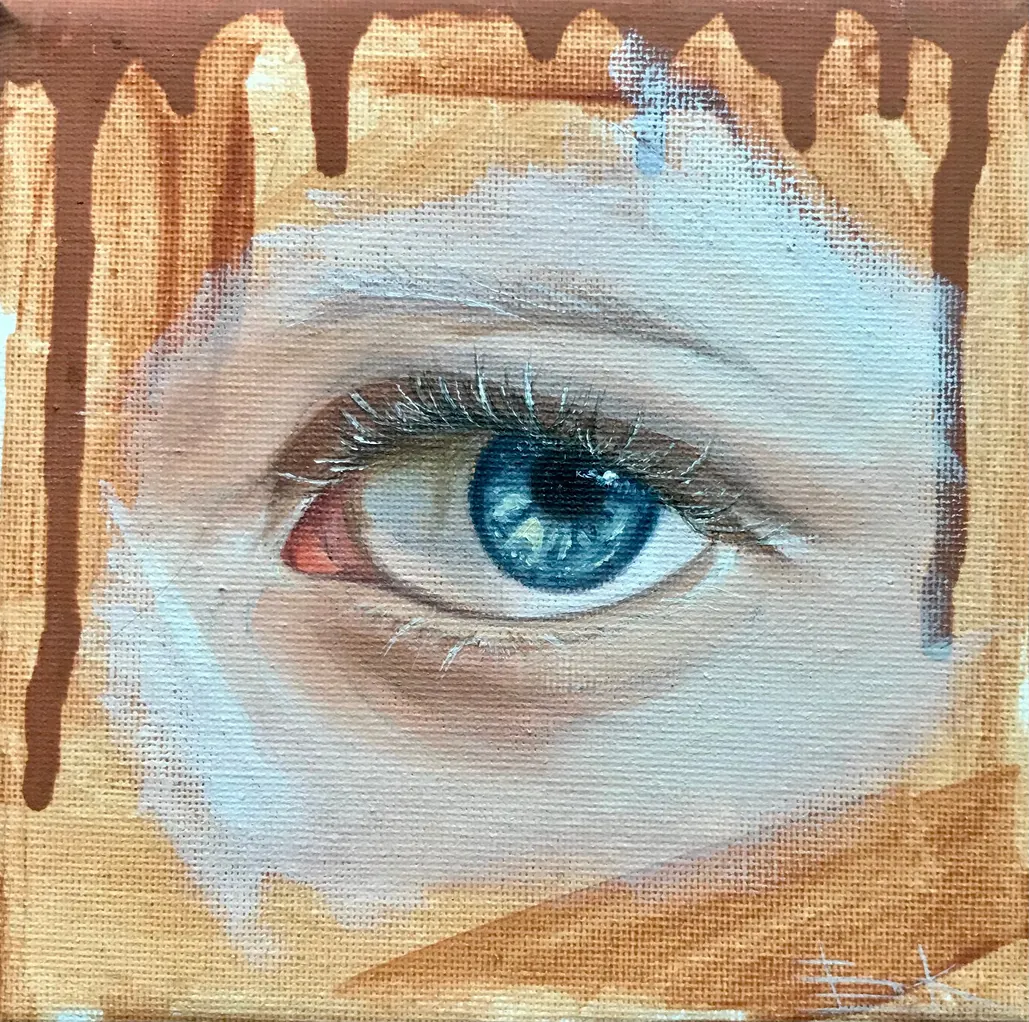 Miniature study of a bright blue eye, ochre paint running down the canvas