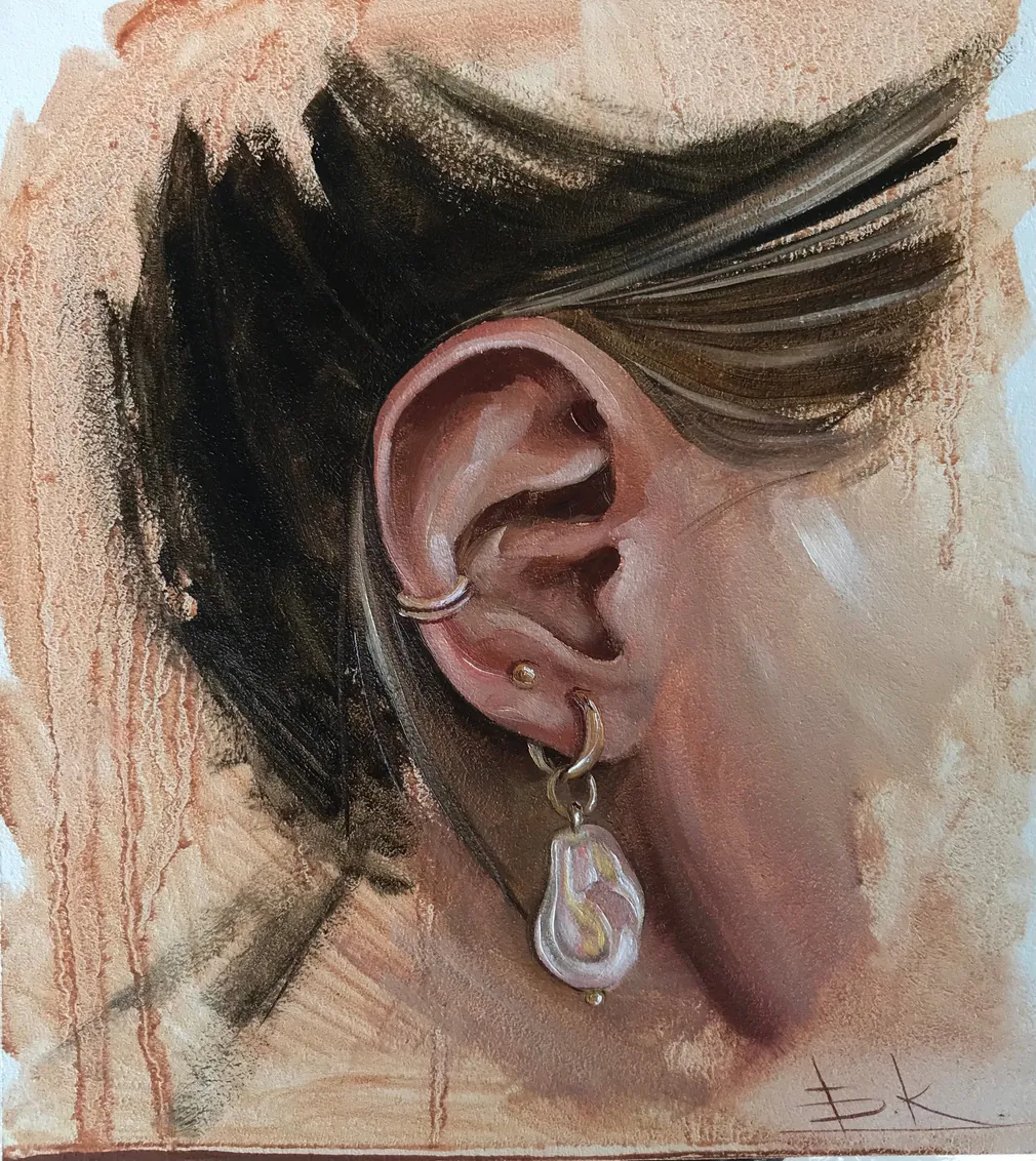 Miniature study of an ear with a baroque pearl earring