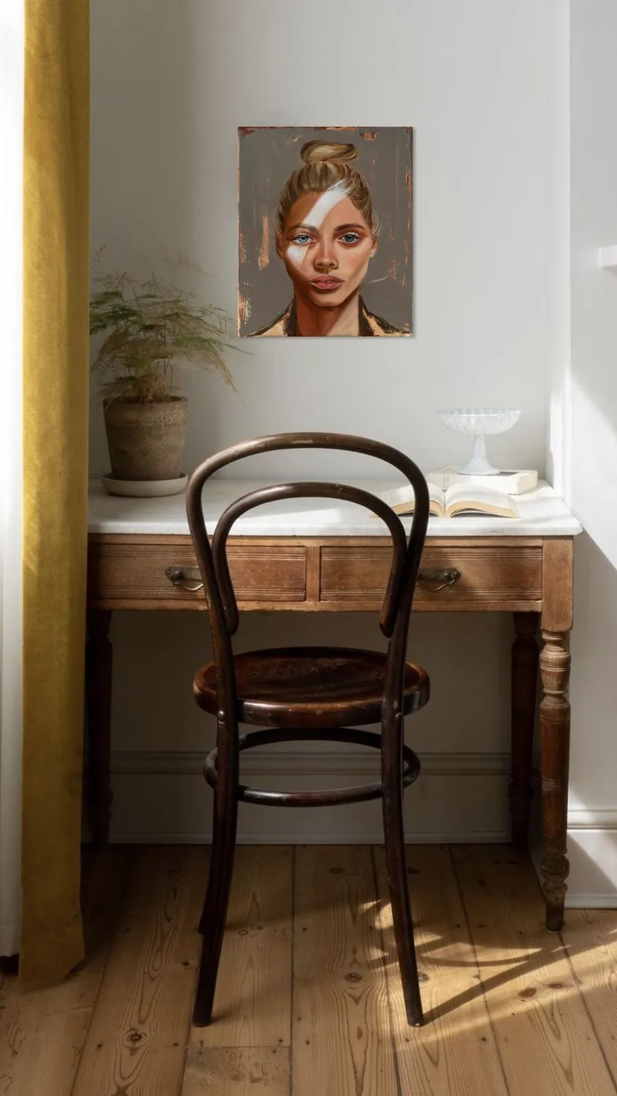 Visualisation above a writing desk by a window