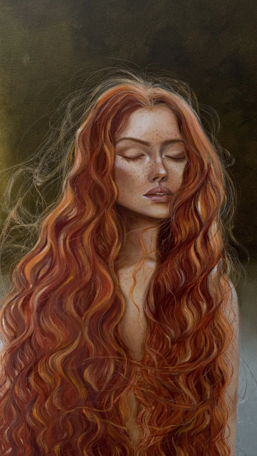 The canvas photographed close: the face, the freckles and the full fall of hair