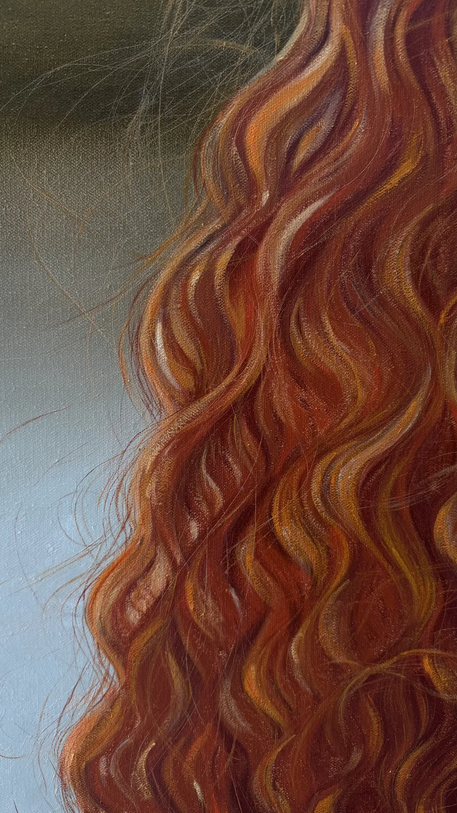 Close-up fragment of the hair: every strand painted separately, canvas weave visible