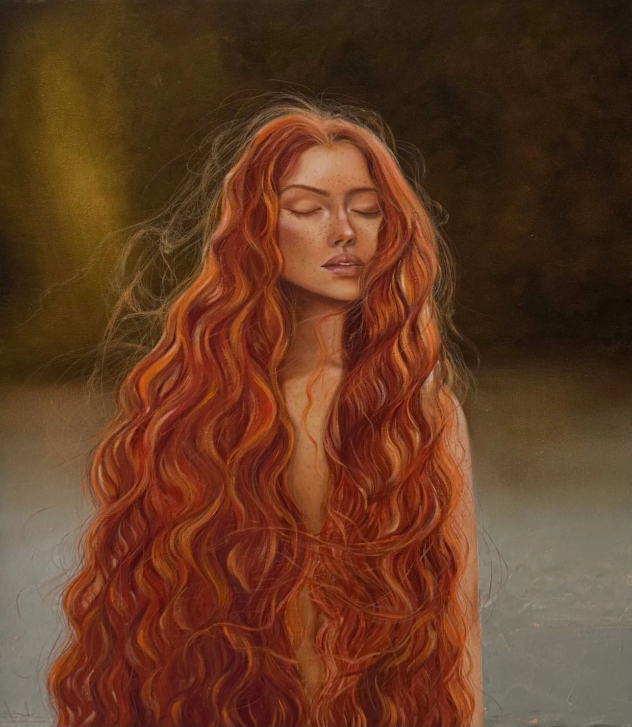 Woman with closed eyes and cascading flame-red hair on an olive ground