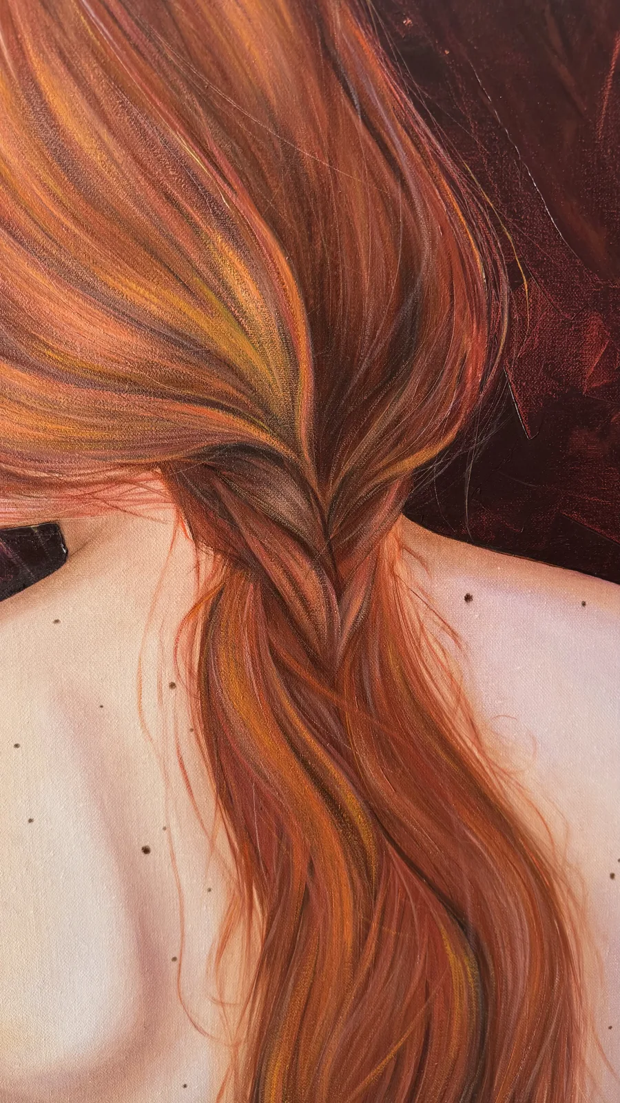 Close-up of the braid: individual strands painted wet into wet, canvas weave visible
