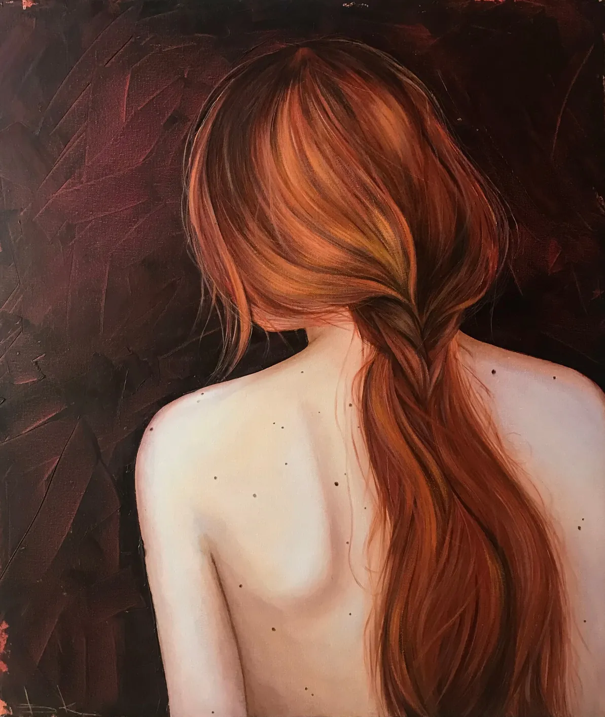 Bare back of a woman with a copper braid, turned away against a dark velvet ground