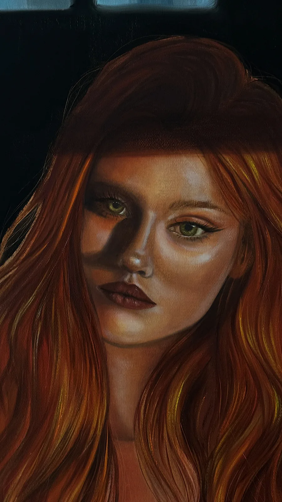 Close-up of the face: brushwork and the texture of the oil paint visible