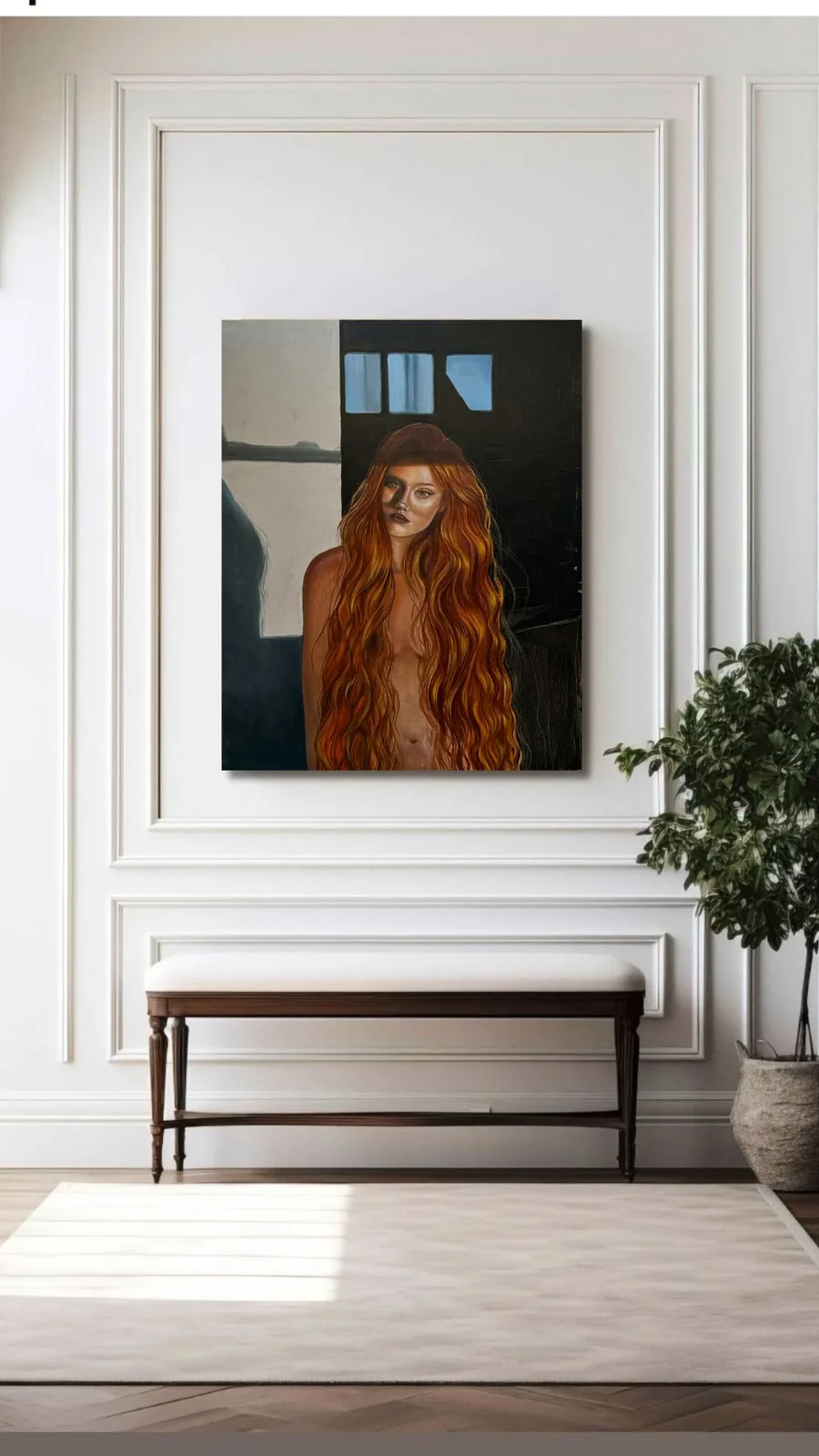 Visualisation in a classical interior with moulding and a bench