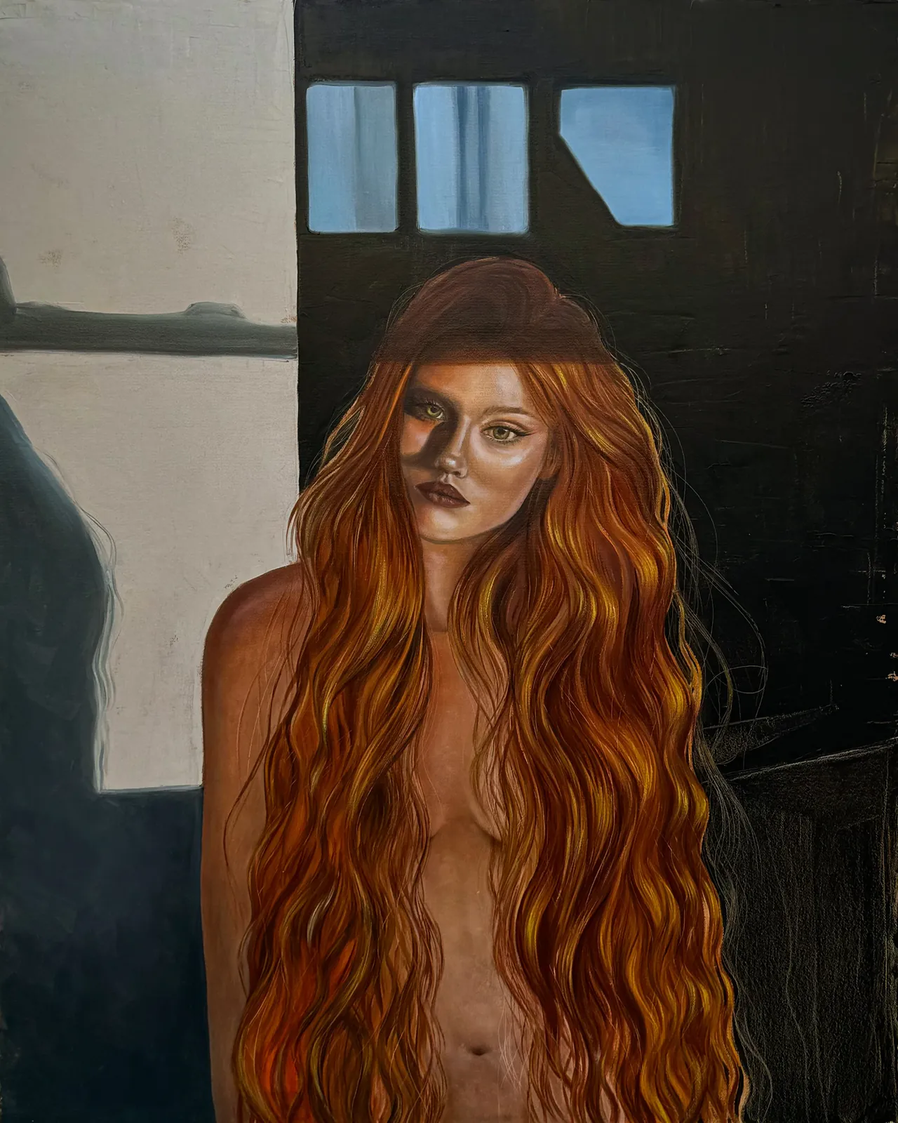 Woman with very long copper hair standing in a dark doorway, blue windows behind